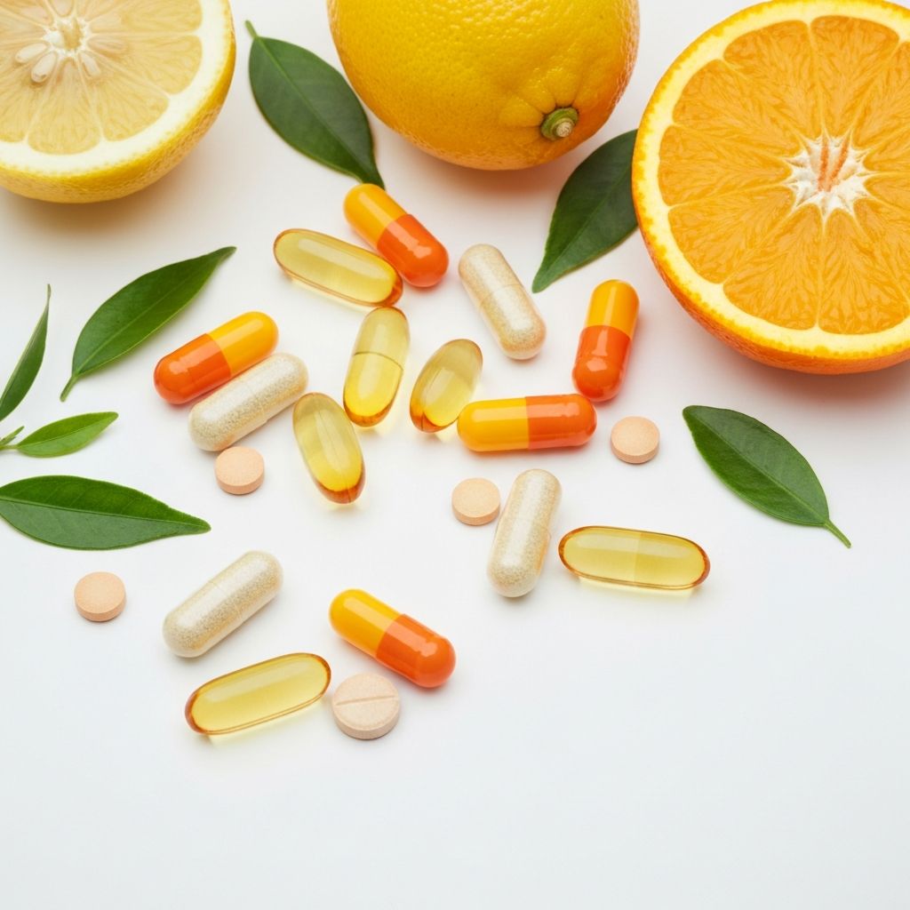 Verschiedene Vitamine und Früchte